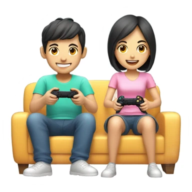 Cute Asian Couple sitting together and having fun playing video games sticker