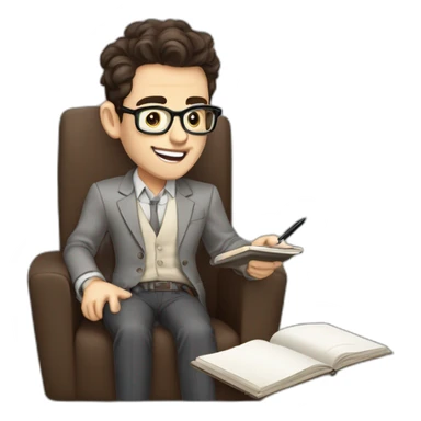 Pale skinned Fit Man With dark brown hair in gray jacket, beige office shirt, Brown pants and vintage glasses sitting In a soft chair with a notebook and a pen Fooling with his tongue sticker