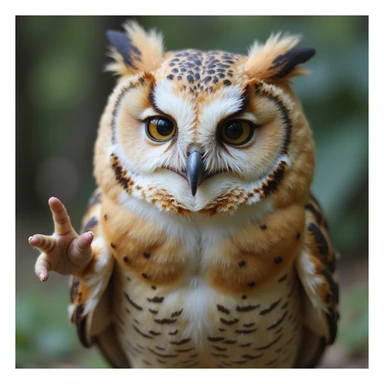 lifelike owl with soft brown and white feathers, smiling gently and making the saranghae sign, natural background, realistic and detailed sticker
