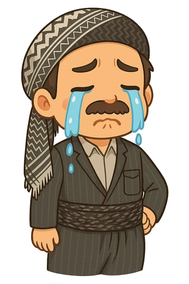 Cartoon sticker of a Kurdish man with the same clothes and scarf as the reference image, no changes to clothes or scarf, sad face with crying expression, colorful and cheerful style, no text, suitable for WhatsApp and Instagram, transparent background. sticker