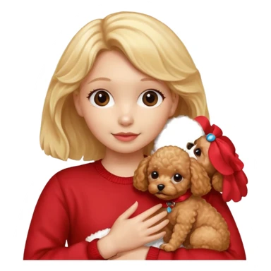 Blonde girl hugging a apricot female toy poodle and small red male toy poodle puppy sticker