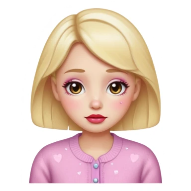 “Emoji girl, dewy skin, heavy blush across cheeks and nose bridge, glossy cherry lips, soft puppy eyeliner, teary sparkling eyes, pastel cardigan.” sticker