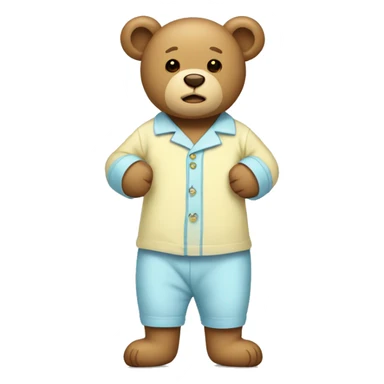 Light brown teddy bear with a light blue Pyjamas, with two light yellow buttons on the pyjamas sticker