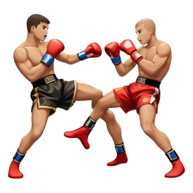 An icon showcasing a high-energy kickboxing match. Two fighters in action, one delivering a powerful roundhouse kick while the other defends with gloves raised. The background features a professional ring with bright lights and a cheering crowd. Transparent background. sticker