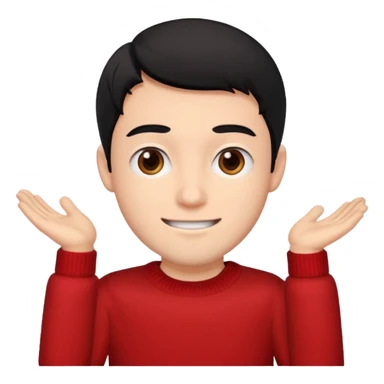emoji of a guy with a red sweater, brown eyes, and black hair, cheerful expression sticker
