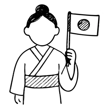 person in a traditional kimono holding the Japanese flag, hand drawn outlined icon sticker