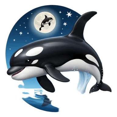 I want a realistic emoji of an orca whale leaping from the water with the moon illuminating the sky and reflecting on the sea. sticker