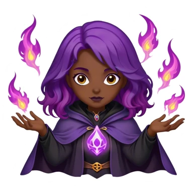 A dark sorceress with wavy purple hair, wearing a black cloak, summoning violet flames sticker