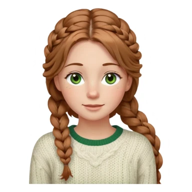 light brown hair hazel/green eyes woman with a white cable knit sweater and one braid down her back  with tendrils of hair flowing down her face and she is happy pale, some freckles, blush. she has a cateye wing and long lashes sticker