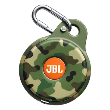 Ultra minimal JBL Clip 4, extremely simplified circular shape with tiny carabiner, just a few green camo spots, small JBL logo, iOS emoji style sticker