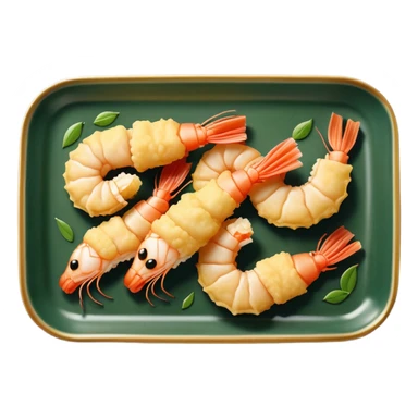 Tempura shrimps on a rectangular dark green porcelain tray sticker