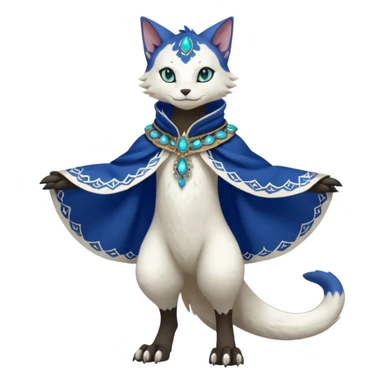 Kawaii cute beautiful pretty elegant divine edgy feline-vernid-sergal-Fakémon-Pokémon-Digimon-fursona-animal-creature, full body, with intricate detailed markings, Embroidered capelet, silken shawl sticker
