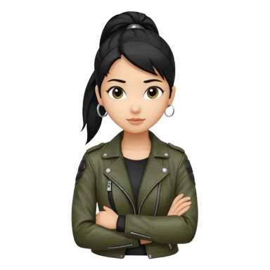 A girl with a pony tail black hair and olive ish skin, Asian eyes, with a black jacket and a black purse with arms crossed  sticker