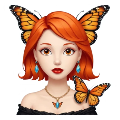A siren with dark orange hair, red lips, dark eyes, nice eyelashes, ear piercings, a necklace and a Monarch butterfly on her shoulder sticker