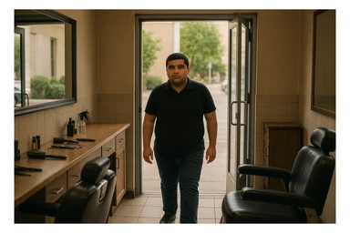 Shu odamni sartaroshxonaga kirib kelayapti  o'smirin davri rakurs ichkaridan sartaroshxona eski ham yangi ham emas bolani juda semiz qilib yuborma  u huddi sartaroshxonani  hammadan oldin kelib ochsin sticker