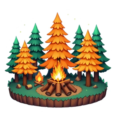 pixel art of a forest at night, with a campfire in the center. there are tall and short trees. sticker