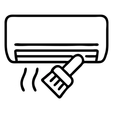 outlined icon of air conditioning cleaning with an AC unit and a cleaning brush sticker