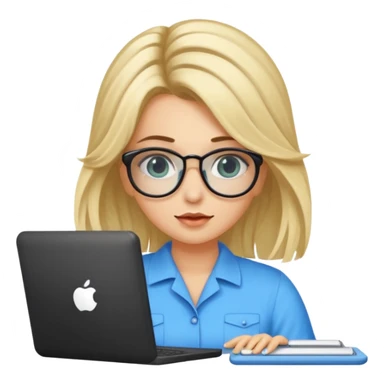 ragazza bionda con capelli lunghi, con occhiali tartarugati, occhi azzurri che lavora al pc sticker