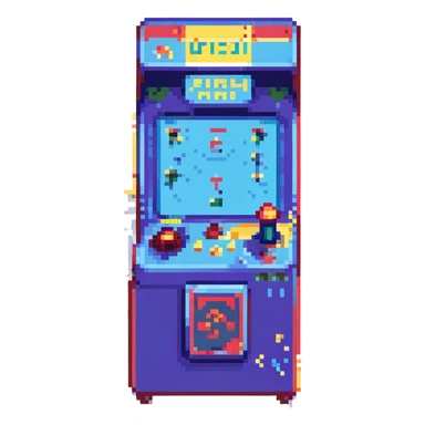 retro arcade machine in neon-lit room, glowing pixel game, red, blue, yellow highlights, joystick and buttons, moody cyber-retro atmosphere, reflective floor, dust particles, immersive 80s nostalgia, cinematic lighting sticker