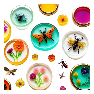Create an icon that represents decorative arts using epoxy resin. The design should feature colorful tubes of resin, including fluorescent resin tubes, with visible drops or strokes of resin being applied to create intricate designs. Include finished resin jewelry pieces, such as pendants or rings, containing preserved flowers and insects encased in clear resin. The composition should feel vibrant, artistic, and delicate, showcasing the unique beauty of resin art with natural elements. The background should be transparent sticker