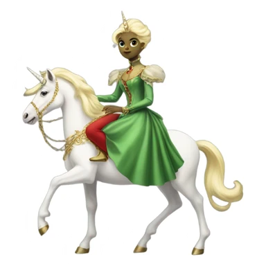"galora green blonde alien woman" in red Victorian elegant dress, full body, rides unicorn gold and white
(NO WOKE)
 sticker
