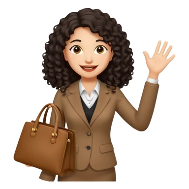 medium deep tan brown business woman with long black curly hair, waving hand with happy face with smile mouth and carrying bag on her shoulder sticker