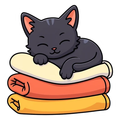 Black fluffy kitten sleeping on a stack of folded blankets  sticker