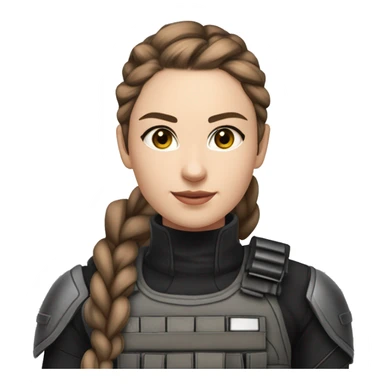 A young woman with a petite and slender build, pale, hazel eyes, and long brown hair with a silver streak, pulled back into a braid. She’s wearing black tactical battle gear. The end of her hair is white sticker