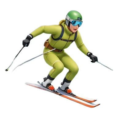 An icon featuring a skier racing down a snow-covered slope, surrounded by snowy peaks, pine trees, and a picturesque mountain landscape. The sky is blue with soft clouds, capturing the thrill and beauty of alpine skiing. Transparent background  sticker