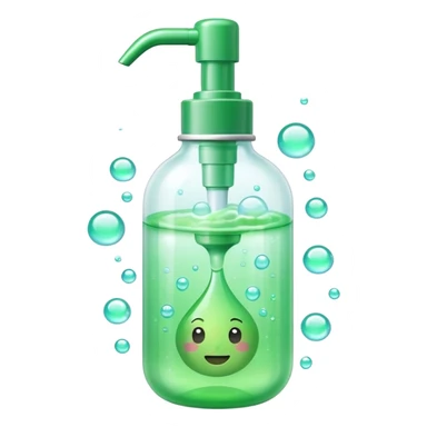 White and green pump bottle glowing with soft bubbles and sparkles. Surrounded by a dewy mist and green aura, symbolizing hydration and gentle cleansing. Potion-like, glossy, emoji-style sticker