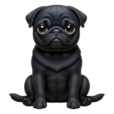 cinematic-[black pug]-realistic-full-body-sitting-emoji,-tail-resting-loosely-beside-its-paws,-head-tilted-dramatically, -sleek-[black]-fur,-simplified-yet-realistic-focused-features,-highly-detailed,-glowing-with-an-almost-sarcastic-glow sticker