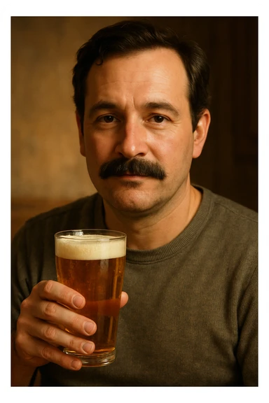 A man with a mustache holding a glass of beer sticker