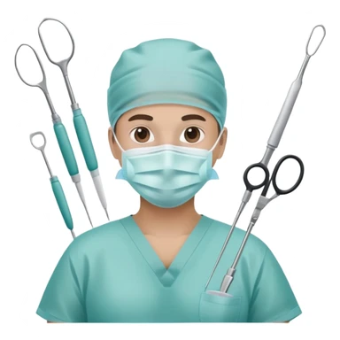 Surgeon in operating room with surgical mask and tools sticker