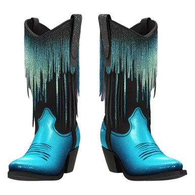 Realistic neon blue to black ombre pair of fashion cowgirl boots with sparkly shiny glitter fringe on them. sticker