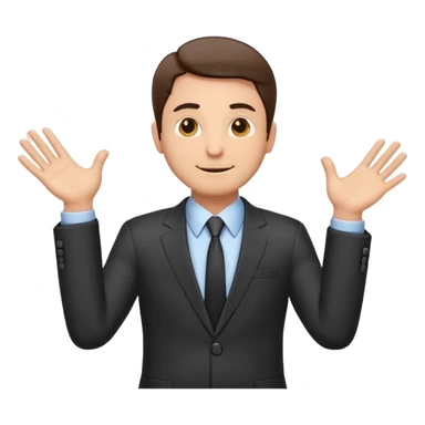 Sticker of a man in a business suit, front view, both arms extended straight in front of his body at chest level, elbows slightly bent, palms facing inward as if holding an invisible box, friendly expression, clean cartoon style, bold outlines, minimal background, emoji sticker style sticker