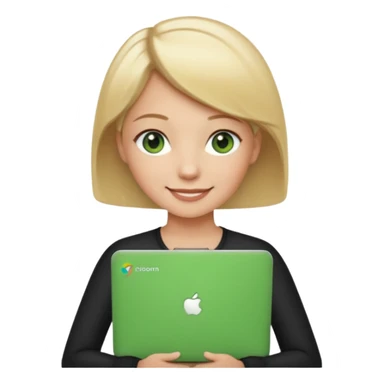 short blonde hair teacher green eyes woman happy holding chromebook sticker