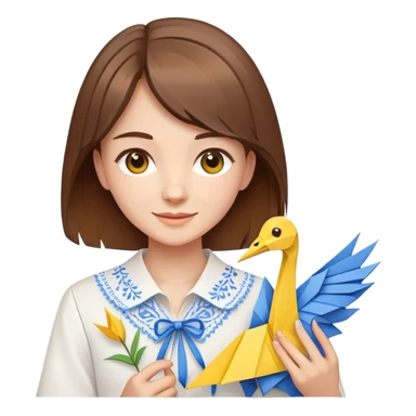 Happy Ukrainian young girl with brown hair in a white embroidered shirt holds an origami yellow and blue crane sticker
