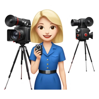 an actress standing on a red carpet, smiling, with a film camera next to her. sticker