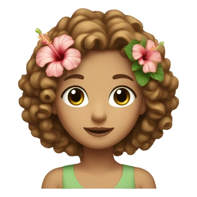 Beautiful White girl with curly light brown hair and green eyed and little nose and hibiscus in her hair sticker