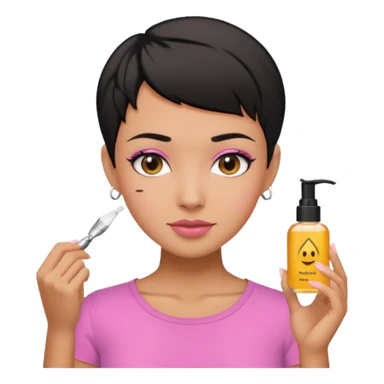 tan girl pink shirt with black hair & a pixie, cut no earrings, doing skin care sticker