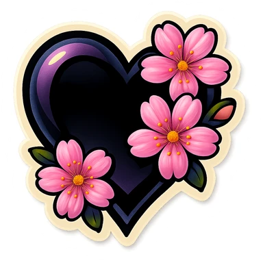 goth sakura heart, sticker style, thick black outline, pink sakura, playful gothic sticker