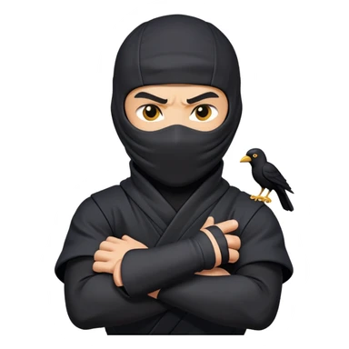 clash-of-clans-aesthetic_-cinematic-mysterious-male-ninja-portrait-emoji, rendered in a flat, vector-style with minimal shading and bold, simplified shapes, his arm is stretched out  with a head slightly turned revealing intense, focused eyes. the ninja has his arm out and perched on top of his forearm is  a black crow sticker