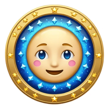 classic emoji style coin with blue magical sparkles sticker