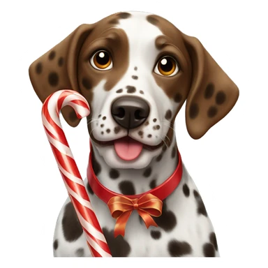 A brown Dalmatian holds a caramel Christmas candy cane in his mouth sticker