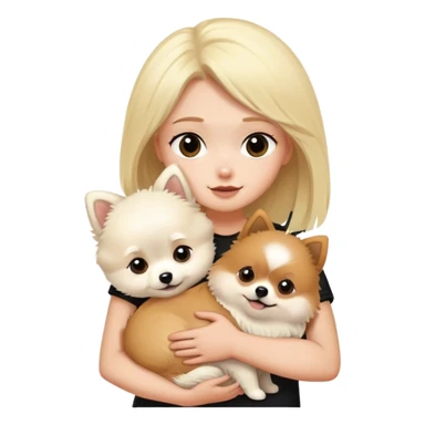 Blond girl and black hair boy hugging white Pomeranian and brown Pomeranian  sticker
