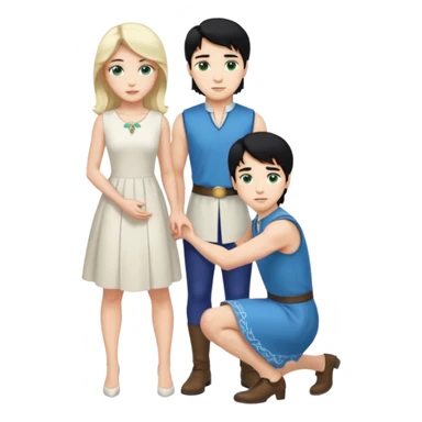 prince, upright, black Hair, blue eyes, garment, and woman, bending knee, sleveless white dress, blonde hair, green eyes, sticker