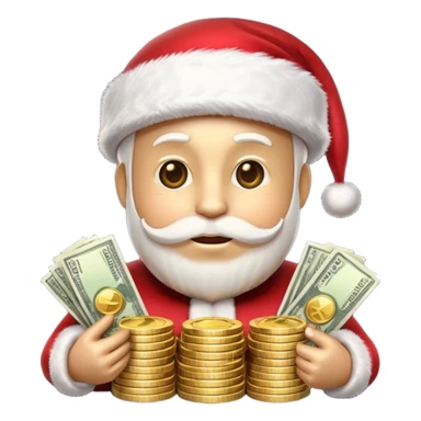 A confident rich emoji face wearing a Santa hat, money stacks, casino vibe, New Year theme, premium 3D emoji style, sharp details, no text, isolated on transparent background sticker