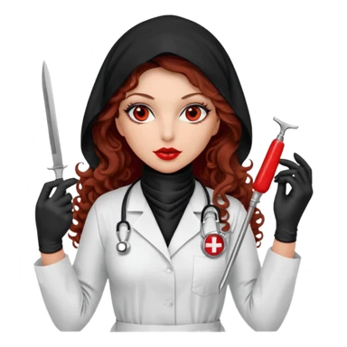 


Scary woman scalpel in hand, evil surgeon sexy surgeon clothes.  She has redcolored  eyes. Her  hair only is free ne brown long curly hair. Wears sexy doctor outfit with red gloves. make her wear full Muslim burka to mask and nose mouth mask  to hide. Wears white surgeon coat, wears  stilettos sticker