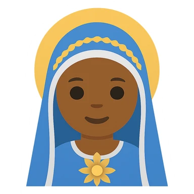 Edit the image of Virgin Mary to have tanned skin with simplified emoji traits, a round face, minimal details, large eyes, and a small mouth. Remove the background. The style should resemble a simplified emoji look with minimal details and a clean appearance. sticker