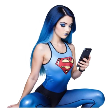 Shameful-head tilted-texting on phone-very very very large upper body-sexy face-bending forward at waist-very long very straight dark blue to light blue ombre hair-and-blue eyes-thick black eyeliner-thick long eyelashes-iridescent blue lowcut tanktop with black leggings with glitter superman logo sticker